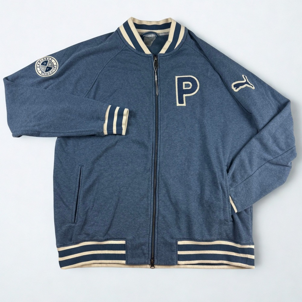 Puma Varsity Bomber Full Zip Jacket Mens XL Blue Golf Carlsbad California Fleece